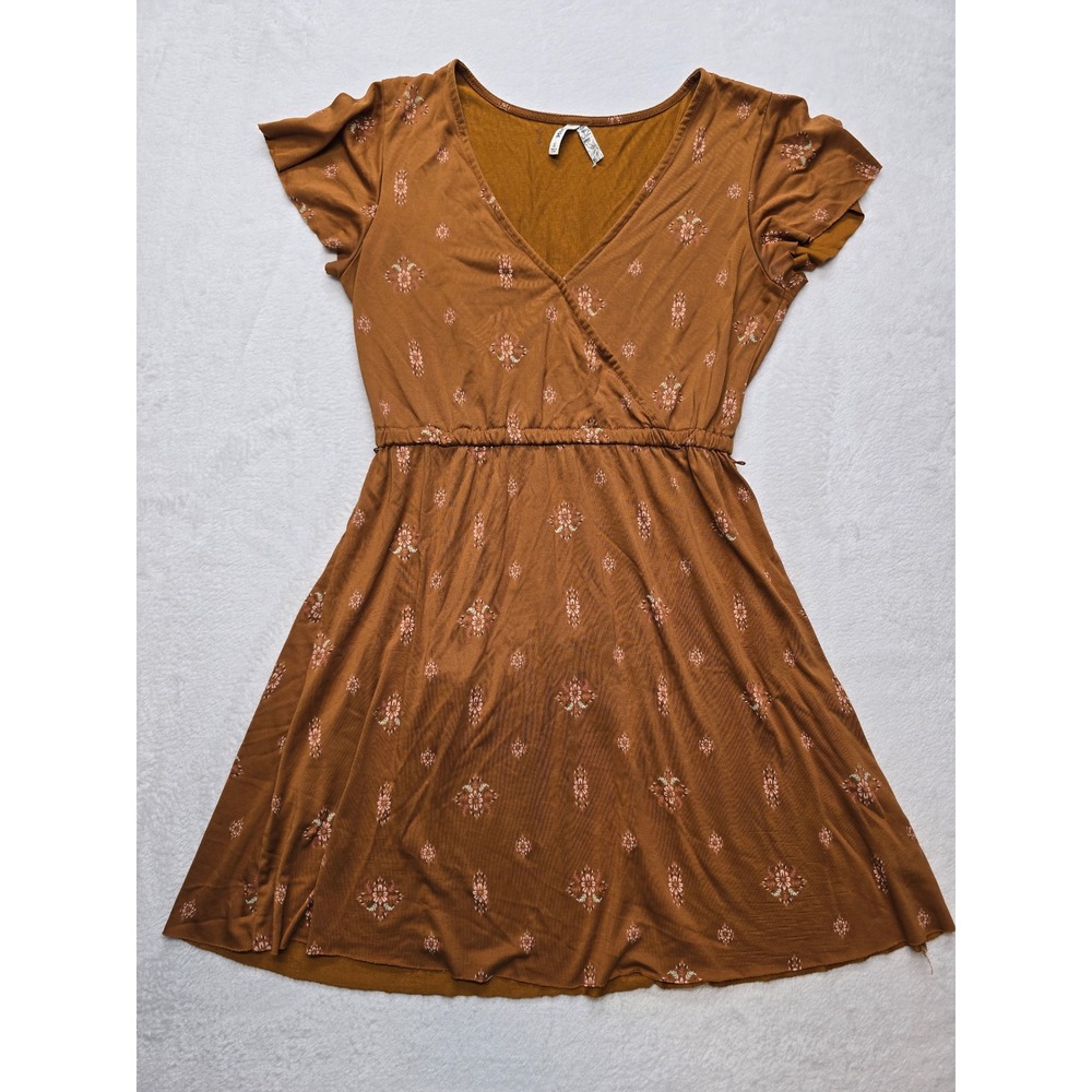 Mudd‎ Rust Brown Floral Flutter Sleeve Faux Wrap Mini Dress Womens Small Boho